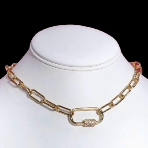 16" 18" Gold Rhinestone Carabiner Paperclip Chain Necklace Adjustable Medium - Picture 2 of 6